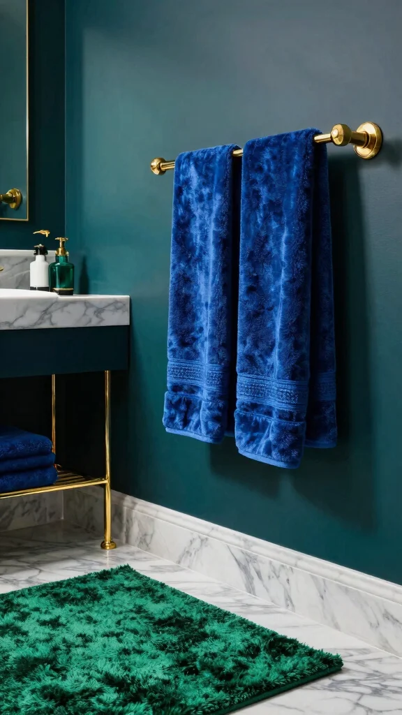 12 Bathroom Rug and Towel Color Palette Ideas for a Cohesive Look - 5. Rich Jewel Tones 1