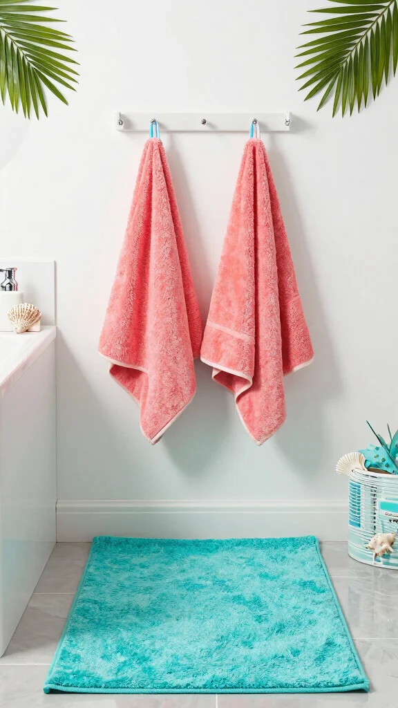 12 Bathroom Rug and Towel Color Palette Ideas for a Cohesive Look - 8. Vibrant Coral and Aqua 1