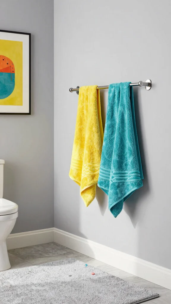 12 Bathroom Rug and Towel Color Palette Ideas for a Cohesive Look - 9. Soft Grays with Bright Accents 1
