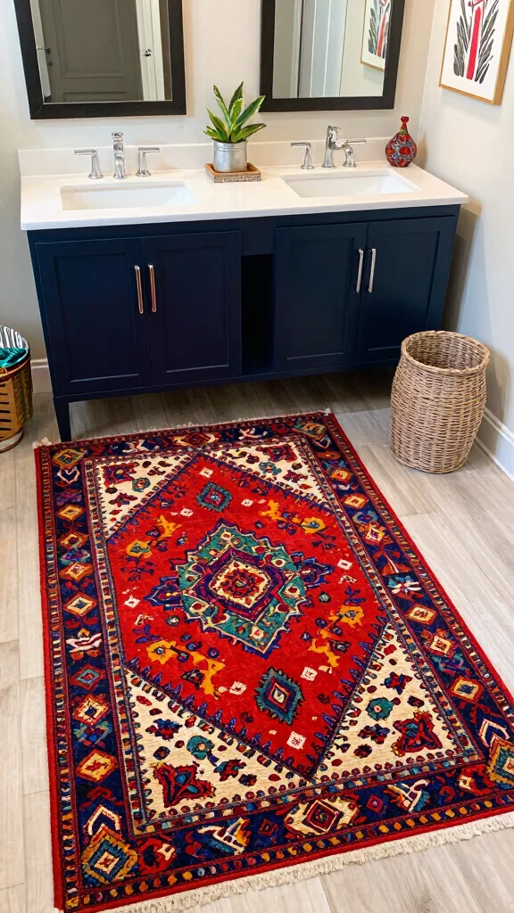 12 Double Vanity Bathroom Rug Ideas for a Balanced Cohesive Floor - 10. Colorful Culture-Inspired Rugs 1
