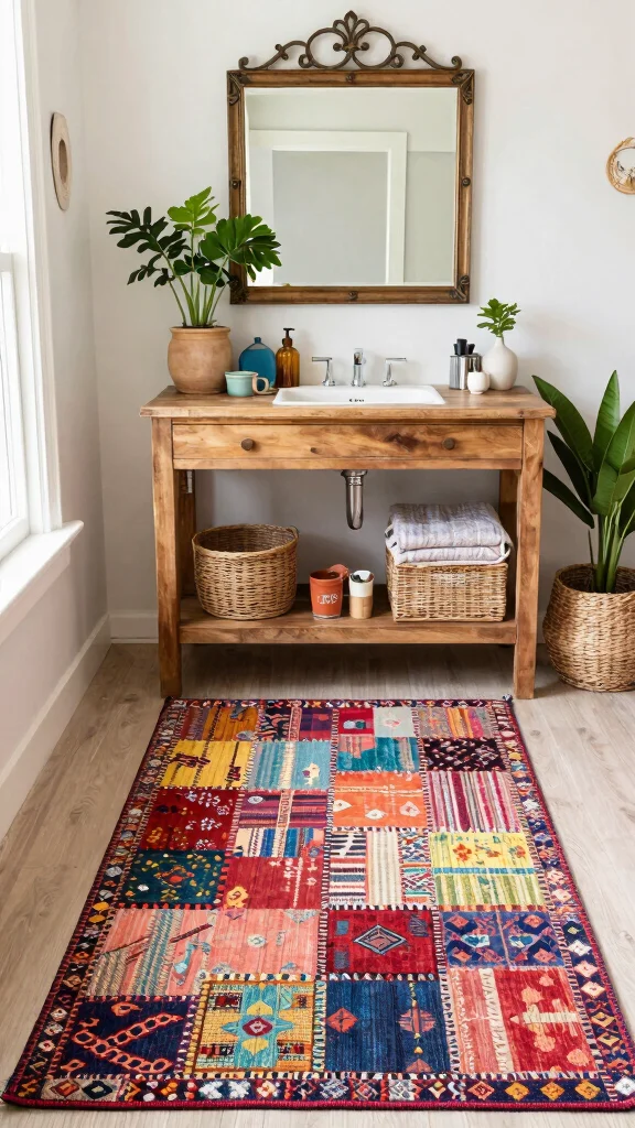 12 In-Front-of-Vanity Bathroom Rug Ideas for the Perfect Placement - 10. Patchwork Rugs for a Bohemian Vibe 1