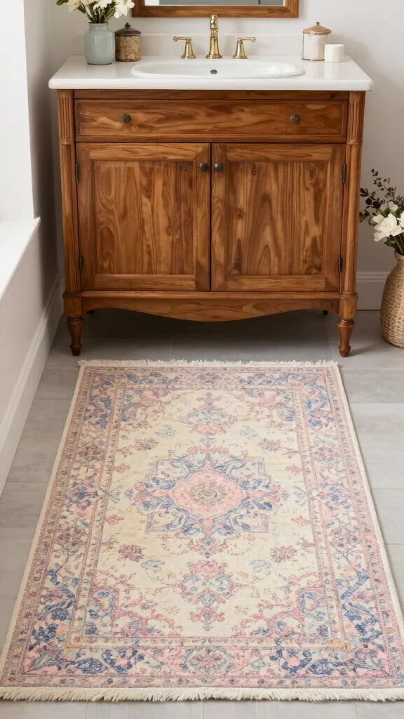 12 In-Front-of-Vanity Bathroom Rug Ideas for the Perfect Placement - 5. Vintage-Inspired Rugs for Timeless Charm 1