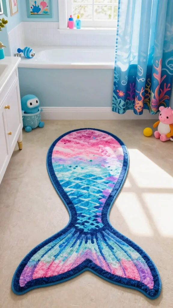 12 Kids' Bathroom Rug Ideas for a Fun Colorful Easy-to-Clean Floor - 3. Magical Mermaids 1