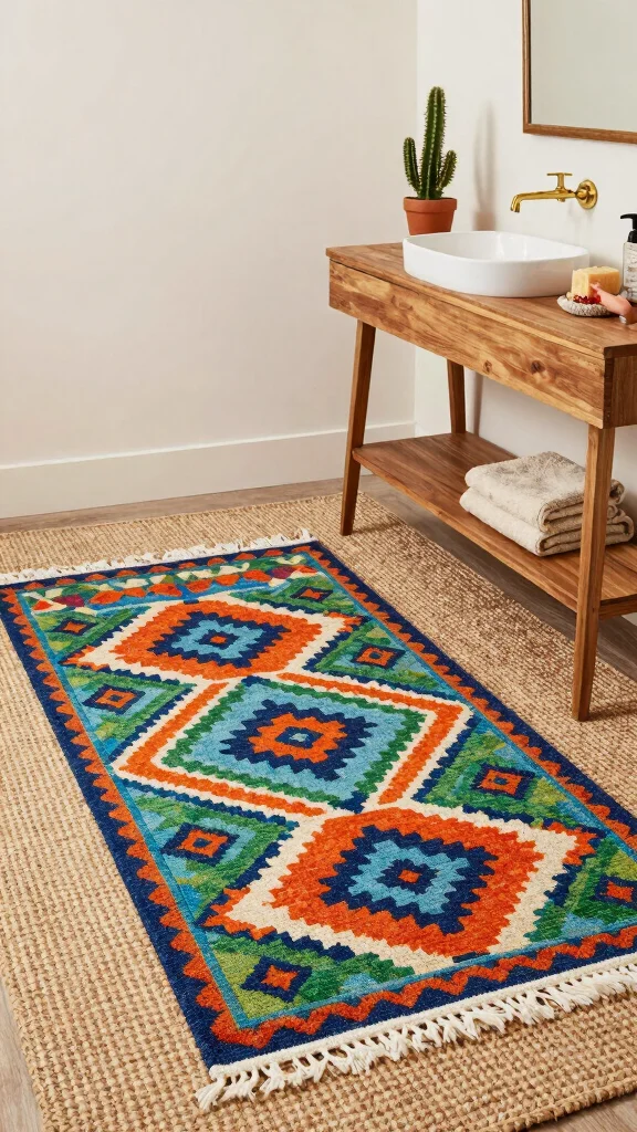 12 Layered Bathroom Rug Ideas for a Bohemian Dimensional Floor - 1. Jute Rug Base Layer with Colorful Accent Rugs 1