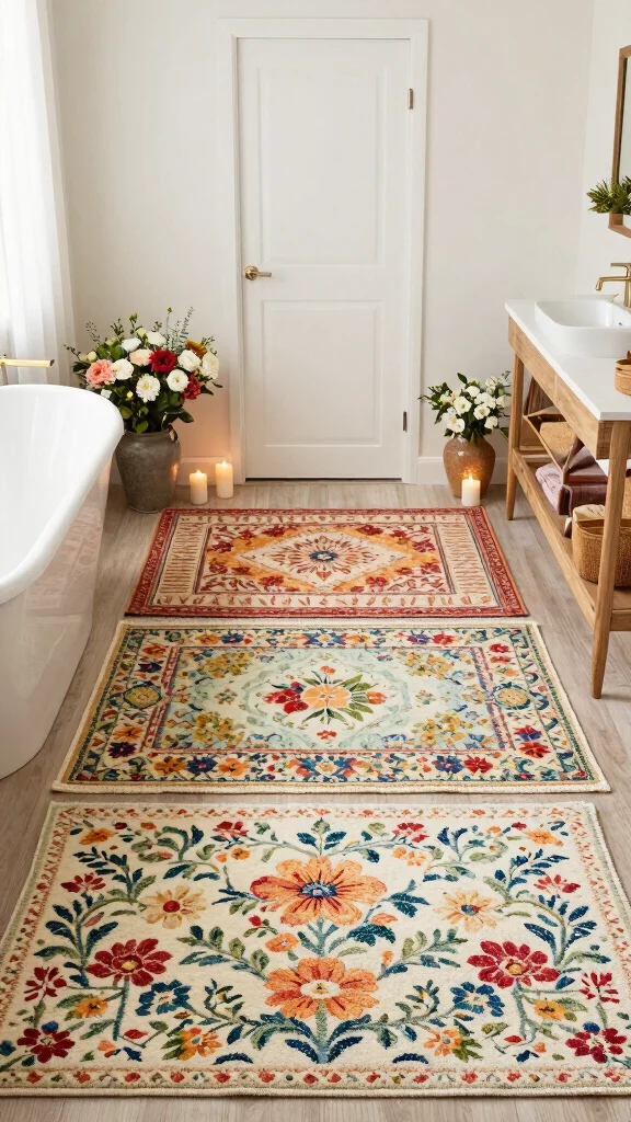 12 Layered Bathroom Rug Ideas for a Bohemian Dimensional Floor - 11. Seasonal Rug Switching for Freshness 1