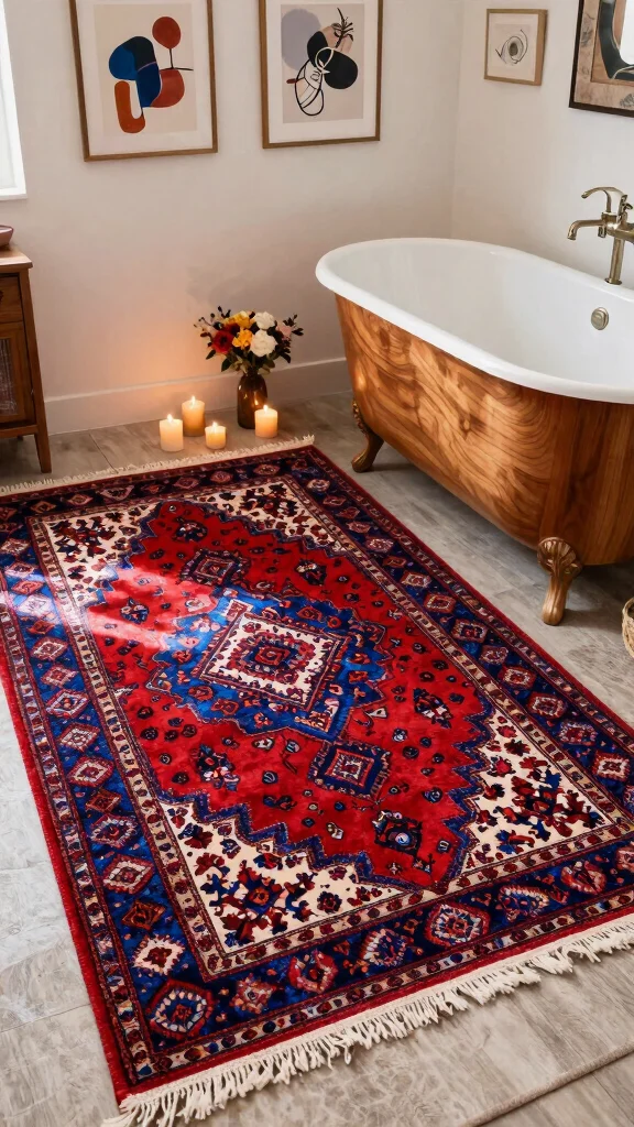 12 Layered Bathroom Rug Ideas for a Bohemian Dimensional Floor - 2. Vintage Persian Rugs for Eclectic Charm 1