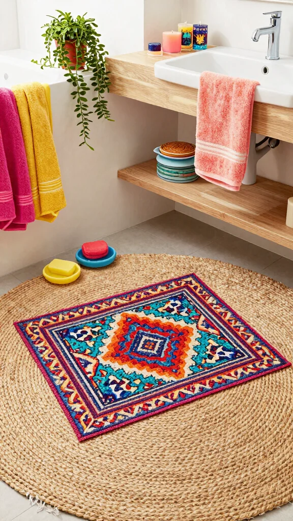 12 Layered Bathroom Rug Ideas for a Bohemian Dimensional Floor - 3. Natural Fiber Rugs with Colorful Bath Mats 1