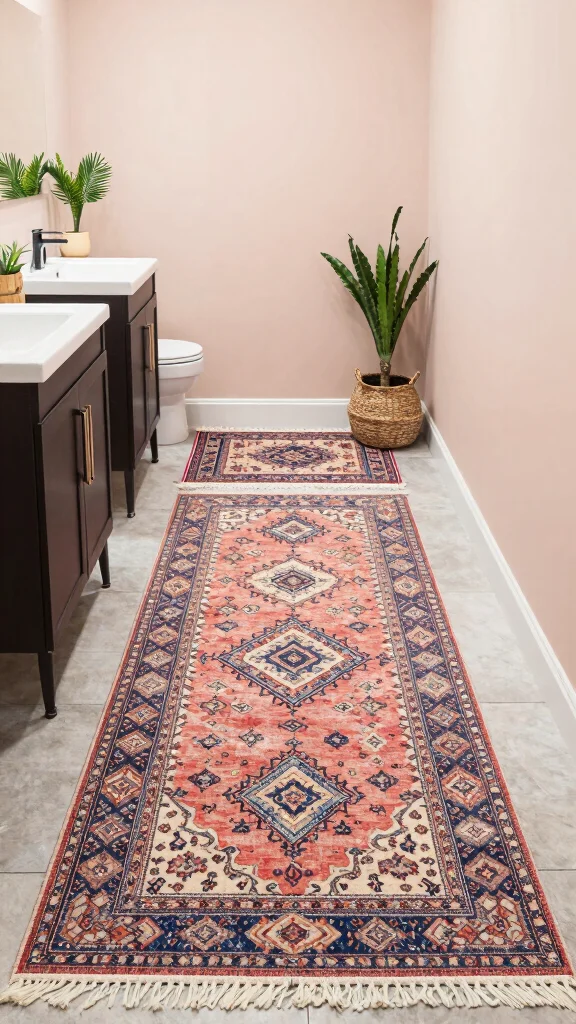 12 Layered Bathroom Rug Ideas for a Bohemian Dimensional Floor - 5. Layering Runner Rugs for a Unique Flow 1
