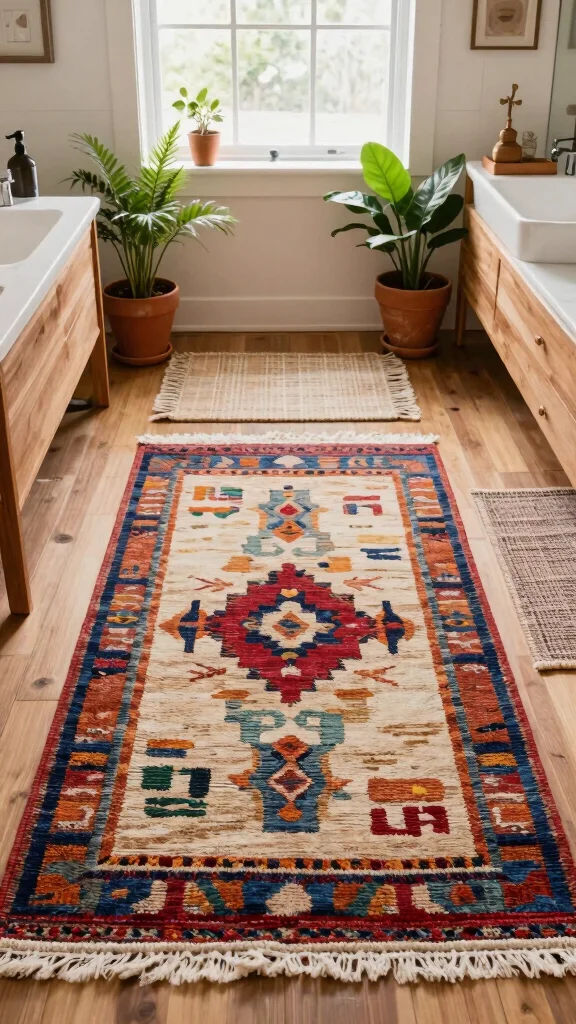 12 Layered Bathroom Rug Ideas for a Bohemian Dimensional Floor - 6. Handmade Textiles for Authenticity 1