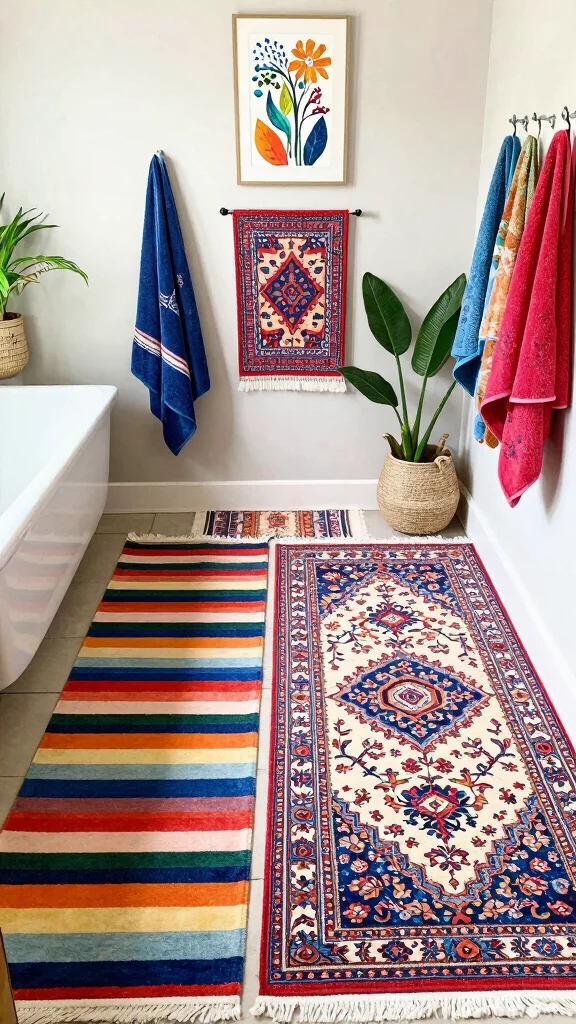 12 Layered Bathroom Rug Ideas for a Bohemian Dimensional Floor - 8. Pattern Play with Layering 1
