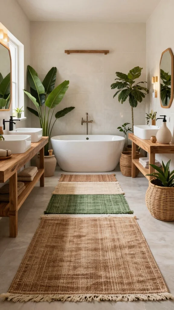 12 Layered Bathroom Rug Ideas for a Bohemian Dimensional Floor - 9. Earthy Tones for a Calm Retreat 1