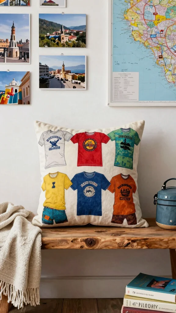 12 Memory Pillow Ideas Made From Old Shirts for a Sentimental Keepsake - 6. Travel Souvenir Shirt Pillow 1