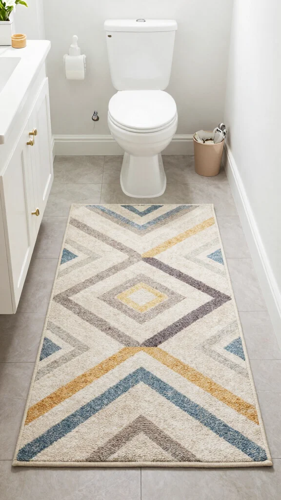 12 Neutral Bathroom Rug Ideas That Work With Any Color Palette - 10. Neutral Geometric Patterned Rug 1