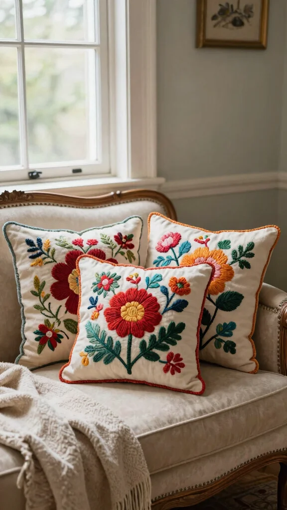 12 Pillow Sewing Ideas for Handmade Covers, Inserts, and Shapes - 10. Hand-Embroidered Floral Pillows 1