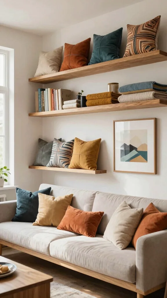 12 Pillow Storage Ideas to Stash Extra Cushions Without Clutter - 3. Wall-Mounted Shelves 1