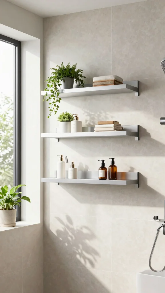12 Shower Head Holder Ideas for Wall Mounts Bars and Adjustable Arms - 11. Floating Shelf Holders 1