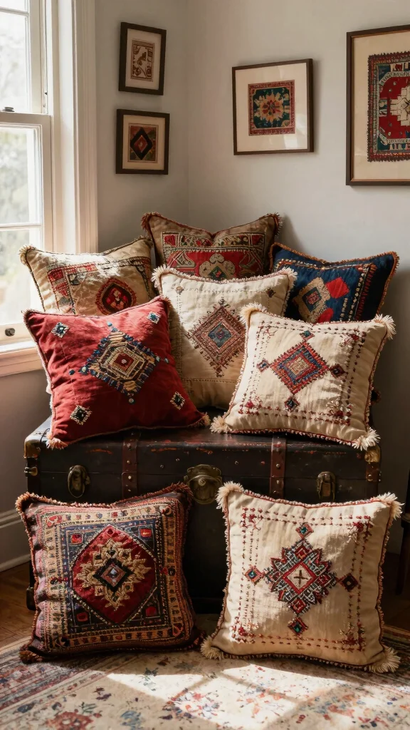 12 Vintage Pillow Ideas for a Nostalgic Collected Character-Rich Home - 3. Antique Textile Pillows 1