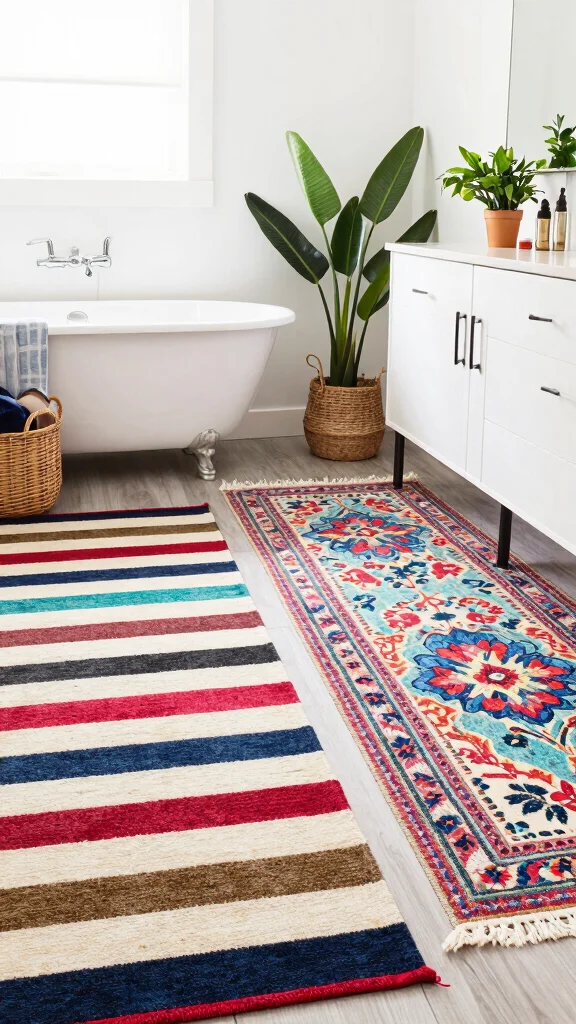 13 Bathroom Rug Placement Ideas for Single Vanities, Double Sinks, and Tubs - 12. Mix and Match Patterns 1