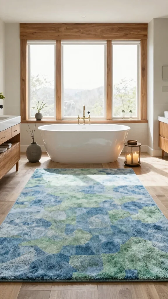 13 Bathroom Rug Placement Ideas for Single Vanities, Double Sinks, and Tubs - 4. Spa Vibes with Oversized Rugs 1