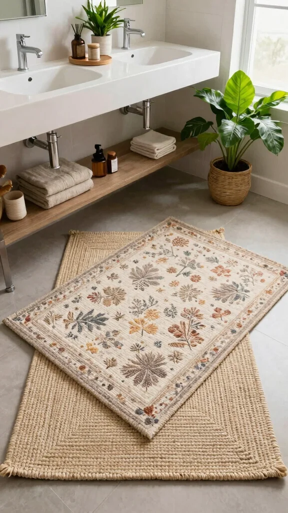13 Bathroom Rug Placement Ideas for Single Vanities, Double Sinks, and Tubs - 6. Layering with Bath Mats 1
